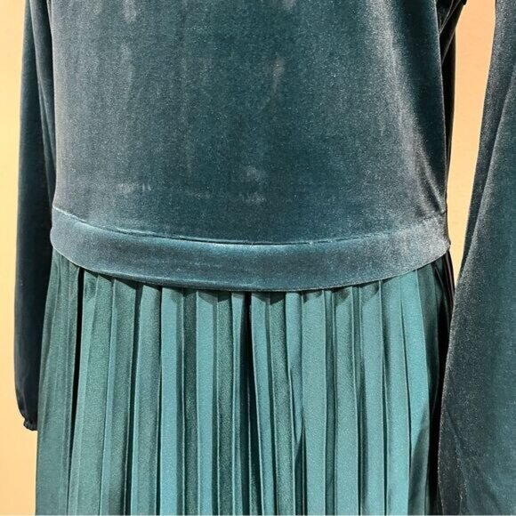 Lands' End Velvet and Satin Midi Dress in evening teal color with plated skirt - Picture 3 of 13